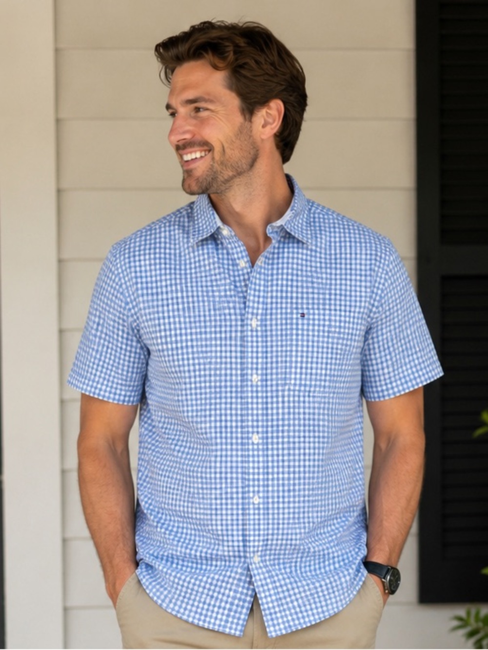 Tommy Hilfiger XL Blue White Gingham Check Short Sleeve Button Shirt Stretch
